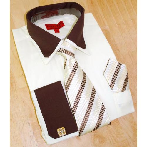 Jean Paul Cream/Brown Shirt/Tie/Hanky Set JPS-20